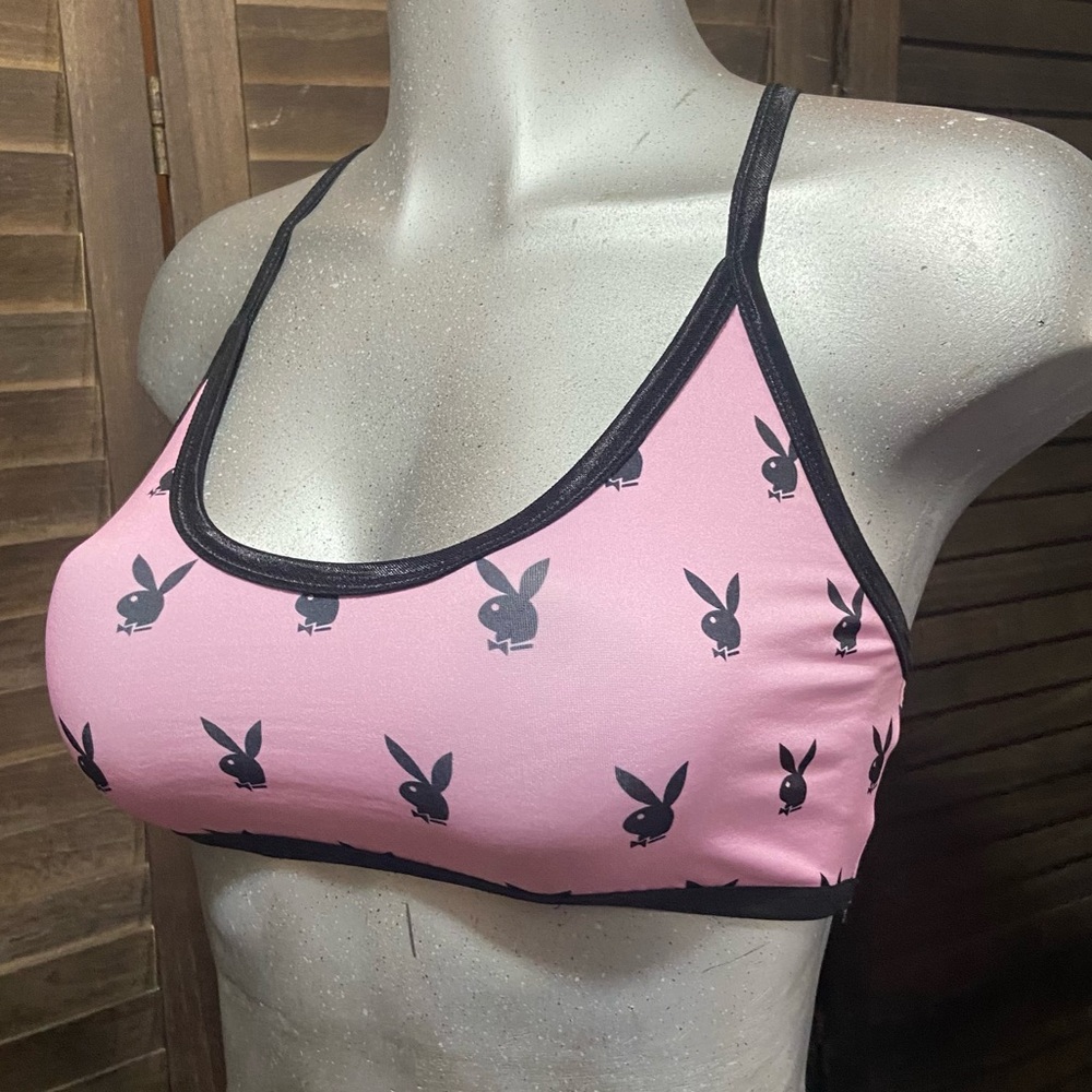 Playboy 2023 Pink Sports Bra Bunny Print Stretch Bralette XS/Small Rabbit Head
